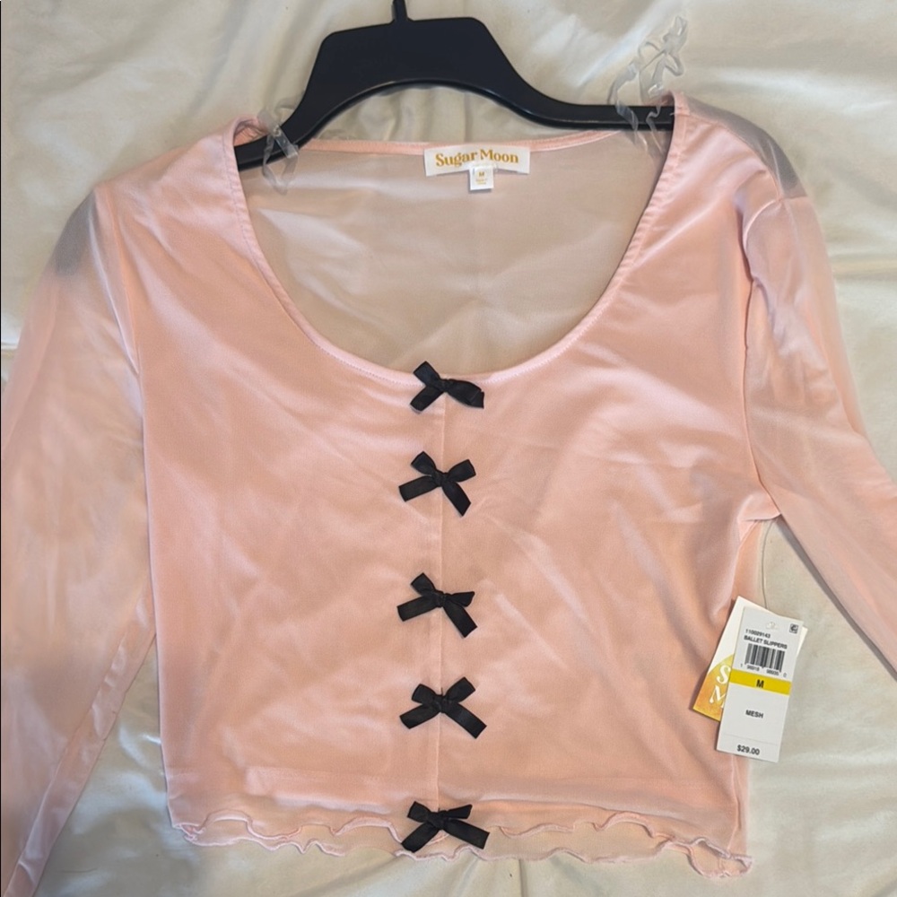 Sugar Pink Crop Blouse with Tie Front and 3/4 Sleeves
